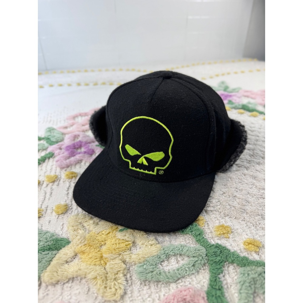 Harley Davidson Willie G Skull Wool Blend Trapper Hat Black‎ Lime